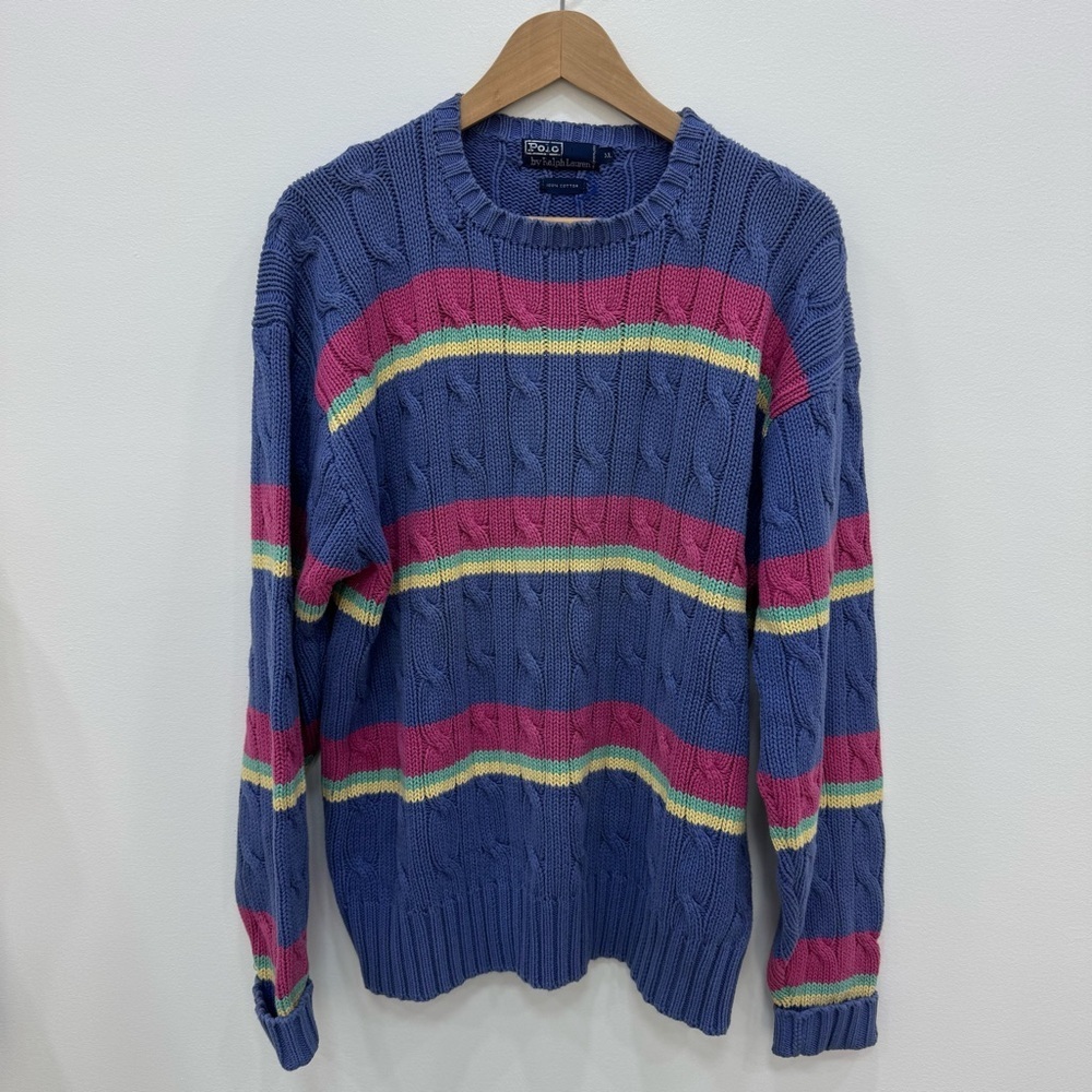 Polo Ralph Lauren 90s Knit Crewneck Sweater Blue Pink Sz XL Mens